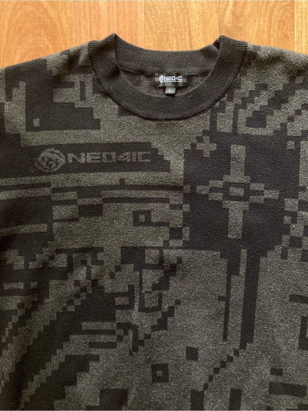 NEO4IC TIT4N Knit Pixel Skull Sweater Mens L Charcoal Black Cyberpunk Streetwear